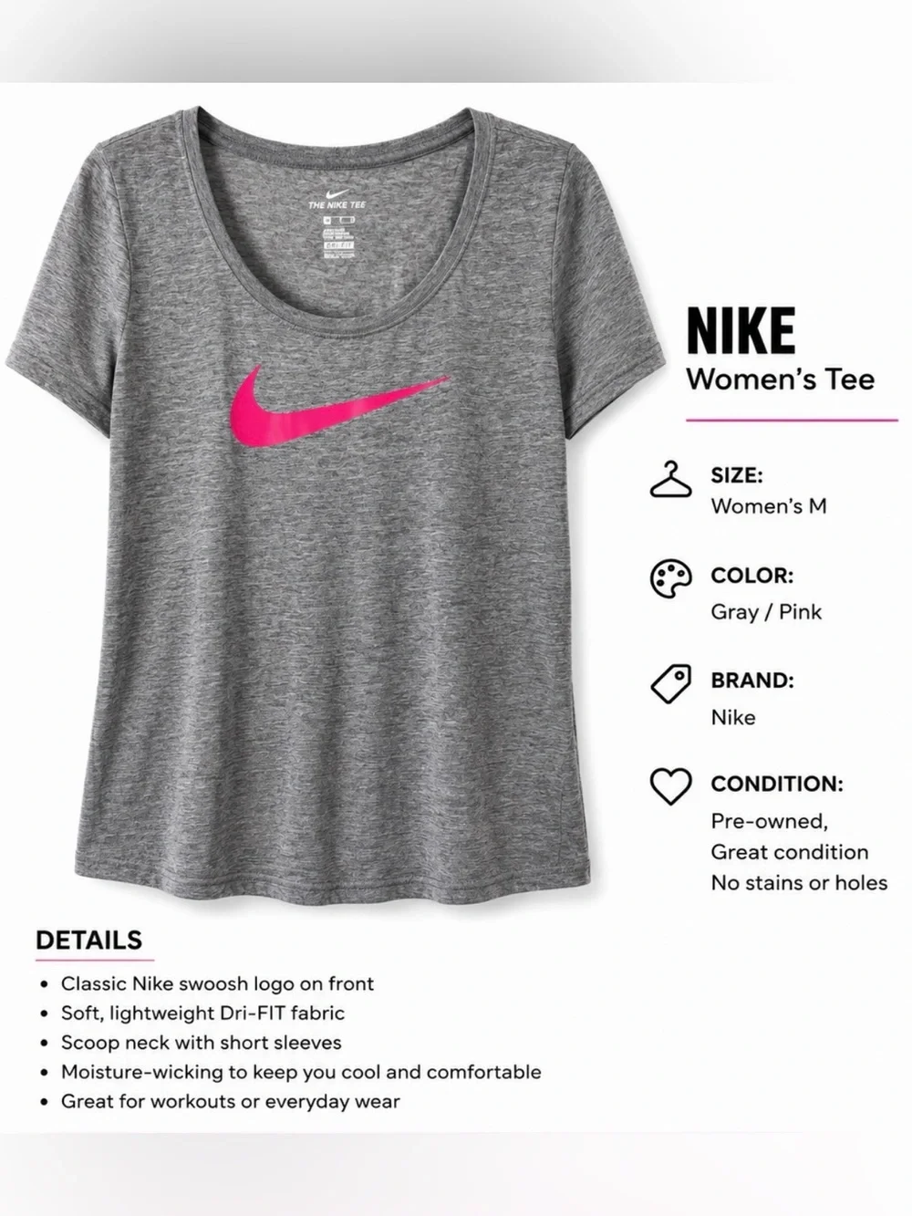 Nike Women's Gray Tee with Pink Swoosh Scoop Neck